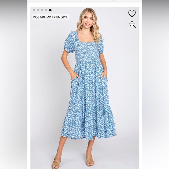 Pink Blush Blue Floral Smocked Short Sleeve Maternity Midi Dress - Picture 4 of 4